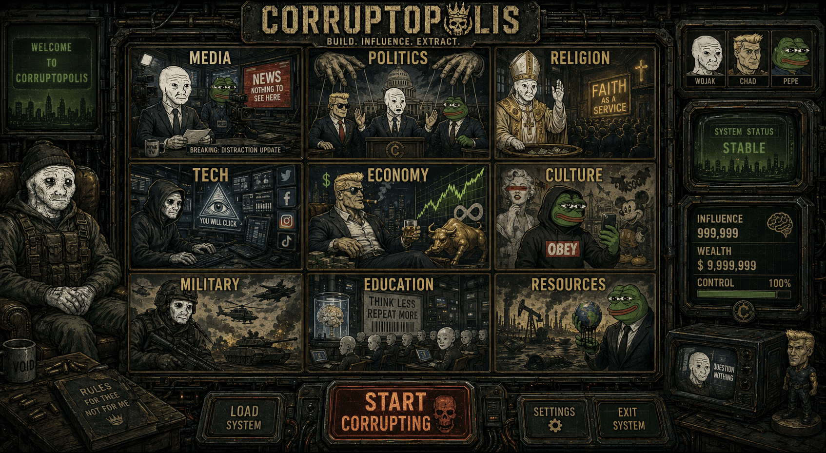 Corruptópolis home screen with retro control panels